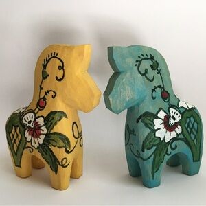 Hand Carved Floral Wooden Horse Figures—Yellow and Teal